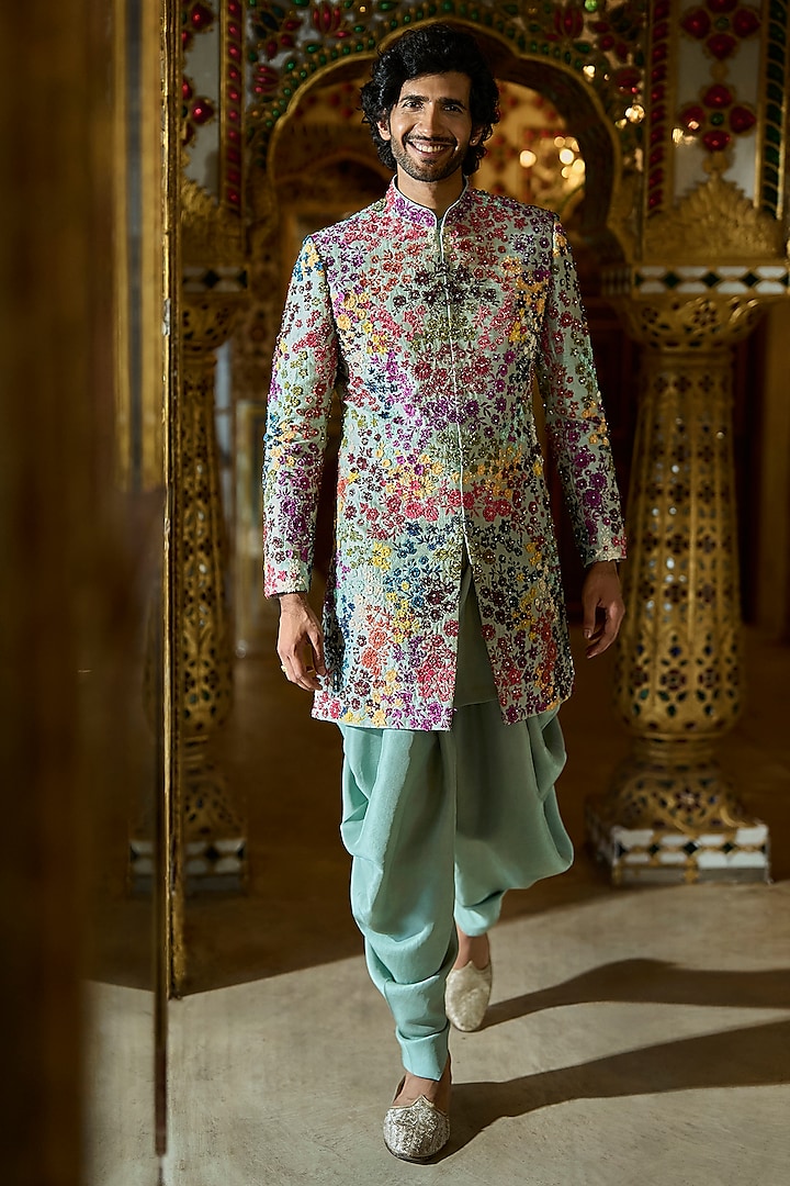 Sage Green Raw Silk Floral Embroidered Sherwani Set by Seema Gujral Men