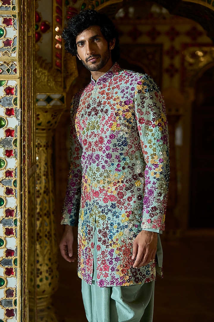 Sage Green Raw Silk Floral Embroidered Groom Sherwani Set by Seema Gujral Men at Pernia's Pop Up Shop