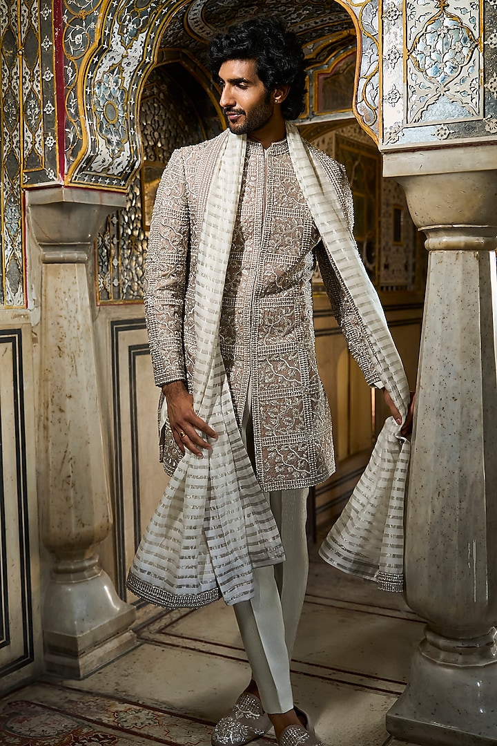 Muted Silver Raw Silk Thread Embroidered Sherwani Set by Seema Gujral Men