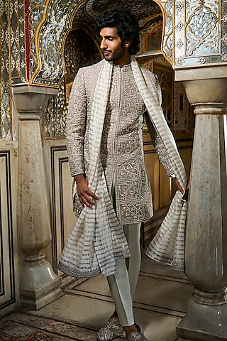 Muted Silver Raw Silk Thread Embroidered Sherwani Set by Seema Gujral Men