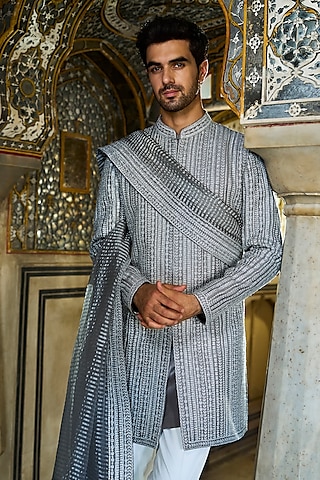 Silver Raw Silk Dori Embroidered Sherwani Set by Seema Gujral Men