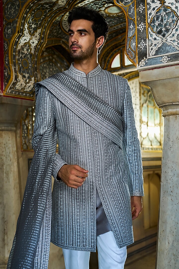 Silver Raw Silk Dori Embroidered Groom Sherwani Set by Seema Gujral Men at Pernia's Pop Up Shop