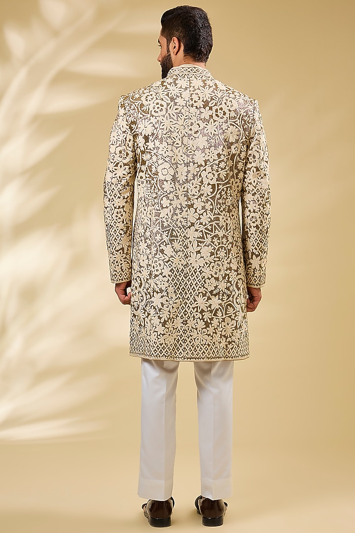 Beige Silk Embroidered Groom Sherwani Set by Seema Gujral Men at Pernia's Pop Up Shop