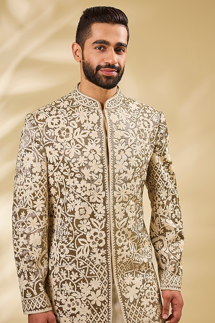 Beige Silk Embroidered Groom Sherwani Set by Seema Gujral Men at Pernia's Pop Up Shop