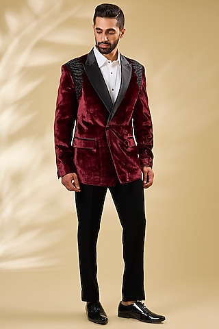 Wine Velvet Bugal Bead Embroidered Tuxedo Set by Seema Gujral Men