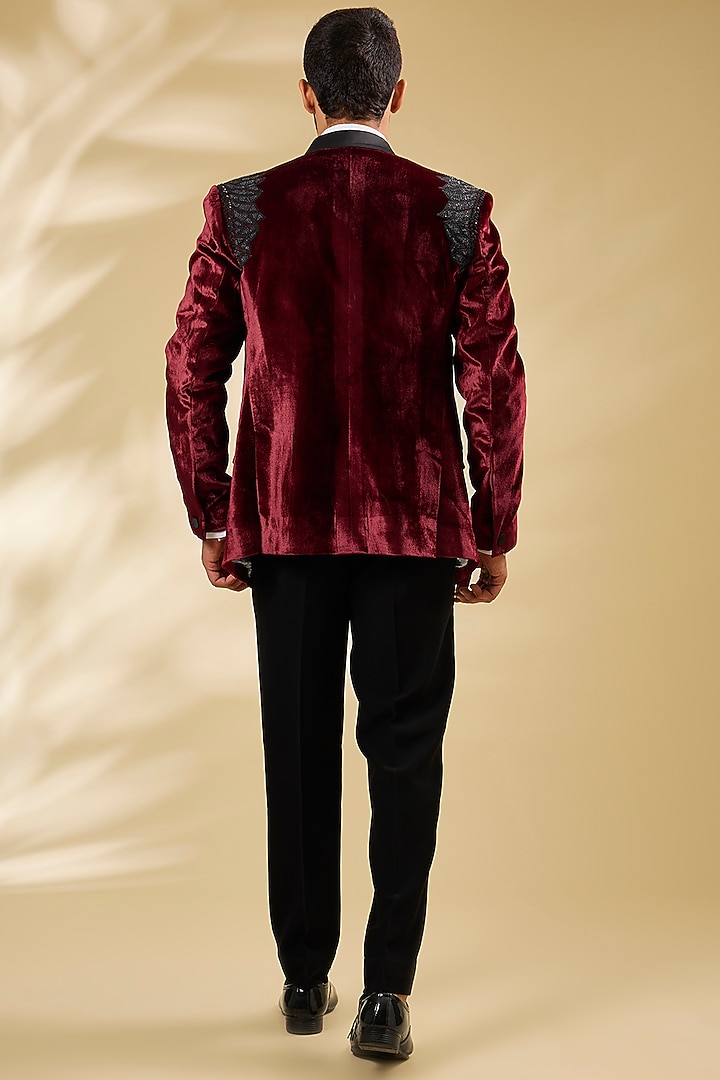 Wine Velvet Bugal Bead Embroidered Tuxedo Set by Seema Gujral Men at Pernia's Pop Up Shop