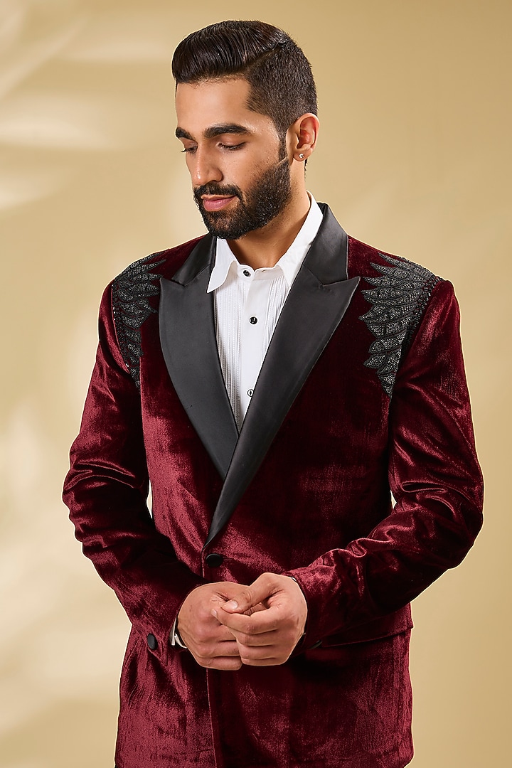 Wine Velvet Bugal Bead Embroidered Tuxedo Set by Seema Gujral Men at Pernia's Pop Up Shop