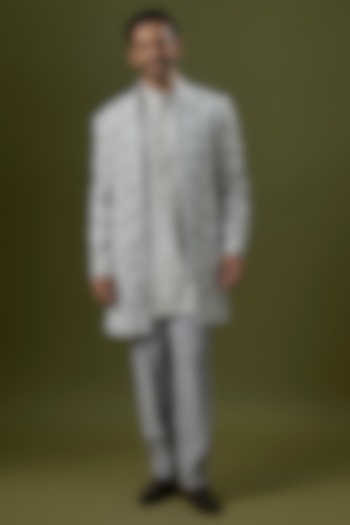 Grey Silk Embroidered Indowestern Set by Seema Gujral Men at Pernia's Pop Up Shop