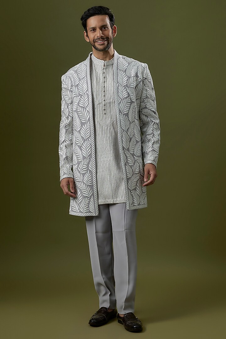 Grey Silk Embroidered Indowestern Set by Seema Gujral Men at Pernia's Pop Up Shop