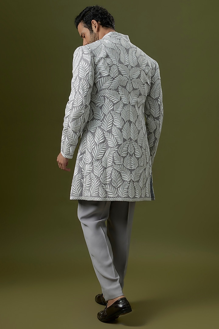 Grey Silk Embroidered Indowestern Set by Seema Gujral Men at Pernia's Pop Up Shop