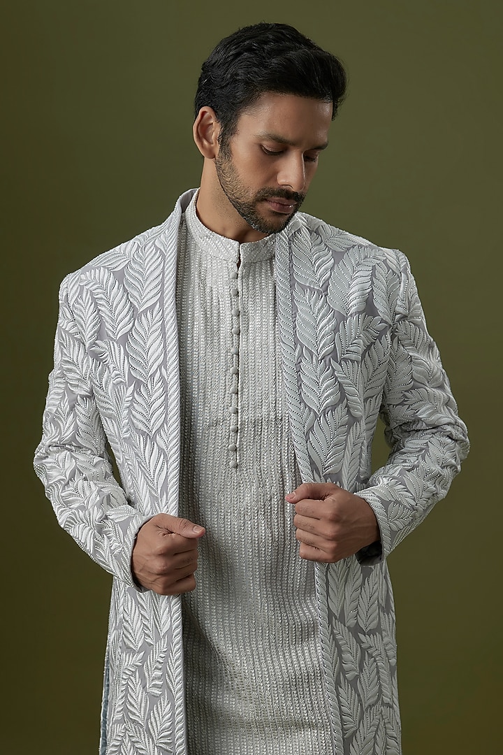Grey Silk Embroidered Indowestern Set by Seema Gujral Men at Pernia's Pop Up Shop