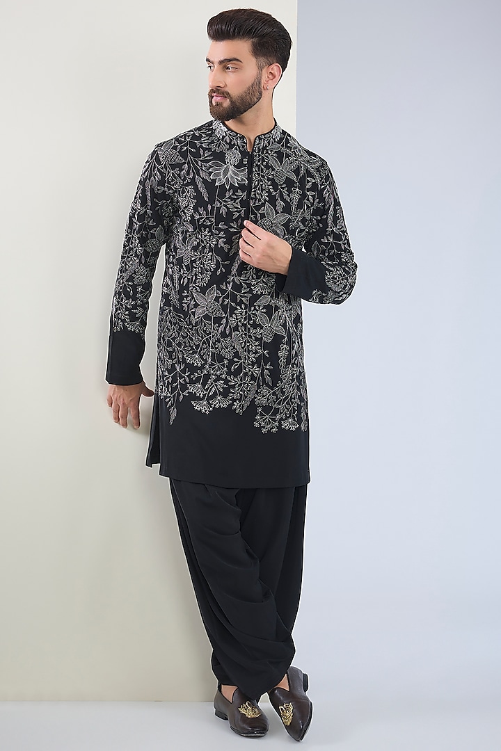 Black Silk Embroidered Kurta Set by Seema Gujral Men