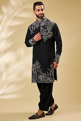 Black Silk Embroidered Kurta Set by Seema Gujral Men