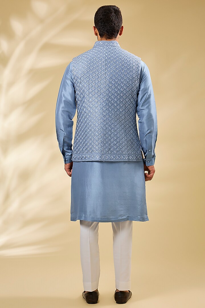 Blue Silk Embroidered Bundi Jacket Set by Seema Gujral Men at Pernia's Pop Up Shop