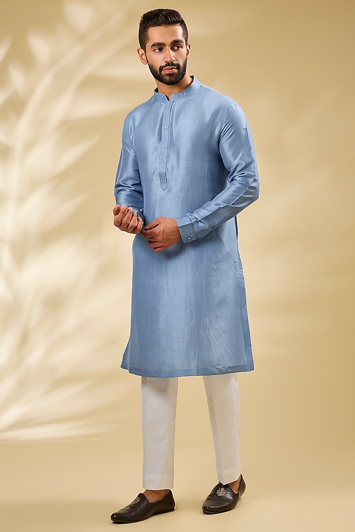 Blue Silk Embroidered Bundi Jacket Set by Seema Gujral Men at Pernia's Pop Up Shop
