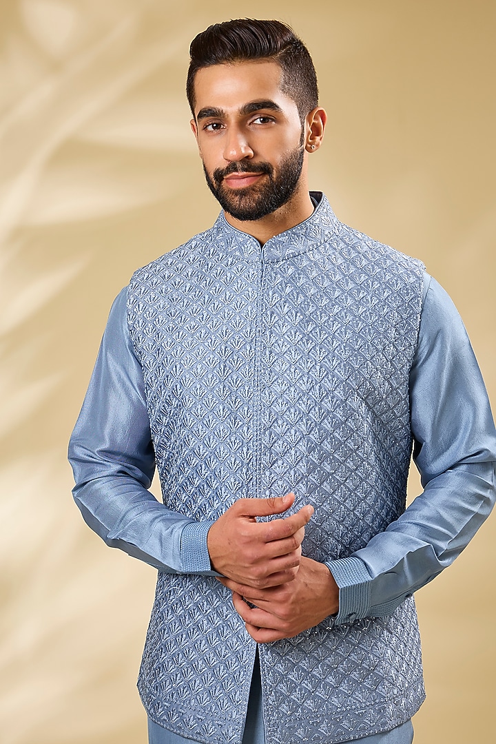 Blue Silk Embroidered Bundi Jacket Set by Seema Gujral Men at Pernia's Pop Up Shop
