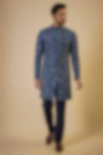 Blue Cotton Textured Sherwani Set by Seema Gujral Men