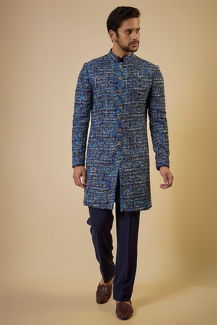 Blue Cotton Textured Sherwani Set by Seema Gujral Men