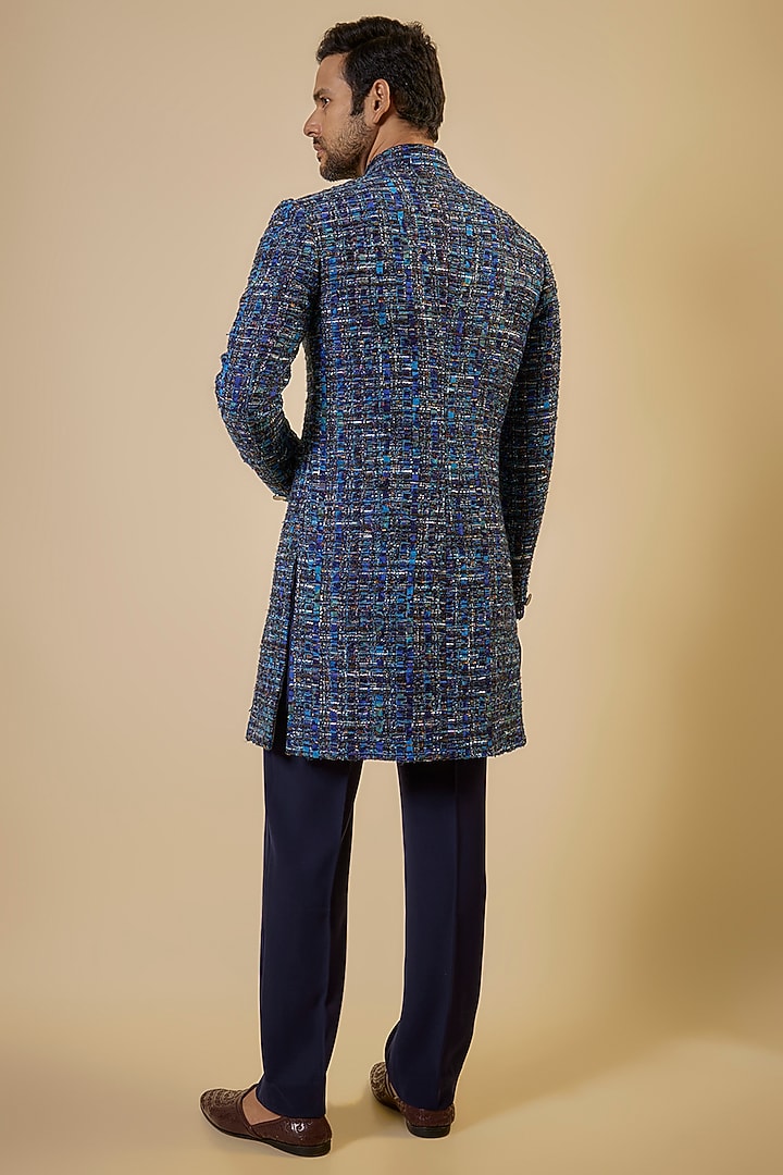 Blue Cotton Textured Sherwani Set by Seema Gujral Men at Pernia's Pop Up Shop