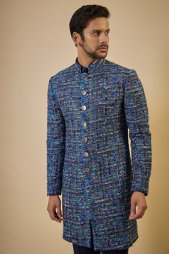 Blue Cotton Textured Sherwani Set by Seema Gujral Men at Pernia's Pop Up Shop