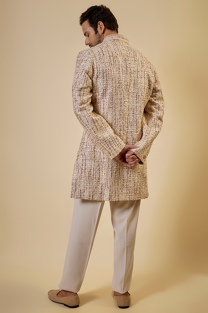 Beige Cotton Textured Sherwani Set by Seema Gujral Men at Pernia's Pop Up Shop