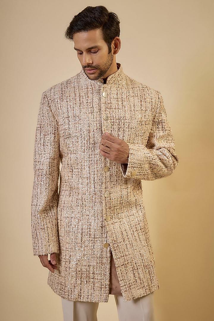 Beige Cotton Textured Sherwani Set by Seema Gujral Men at Pernia's Pop Up Shop