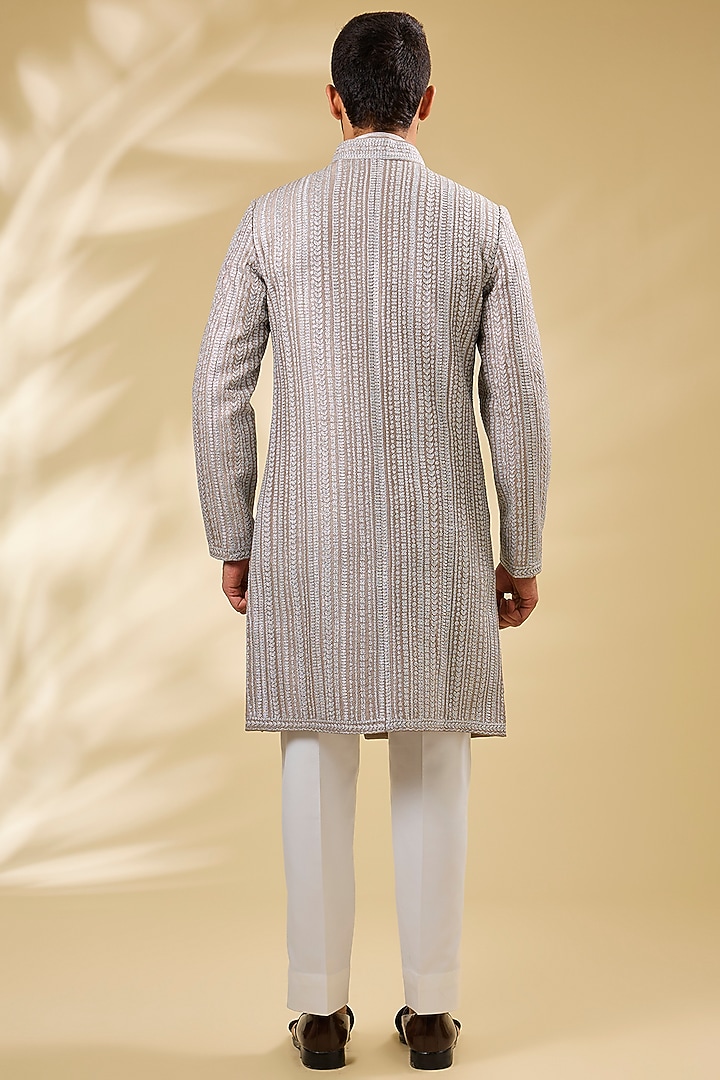 Beige Raw Silk Embroidered Groom Sherwani Set by Seema Gujral Men at Pernia's Pop Up Shop