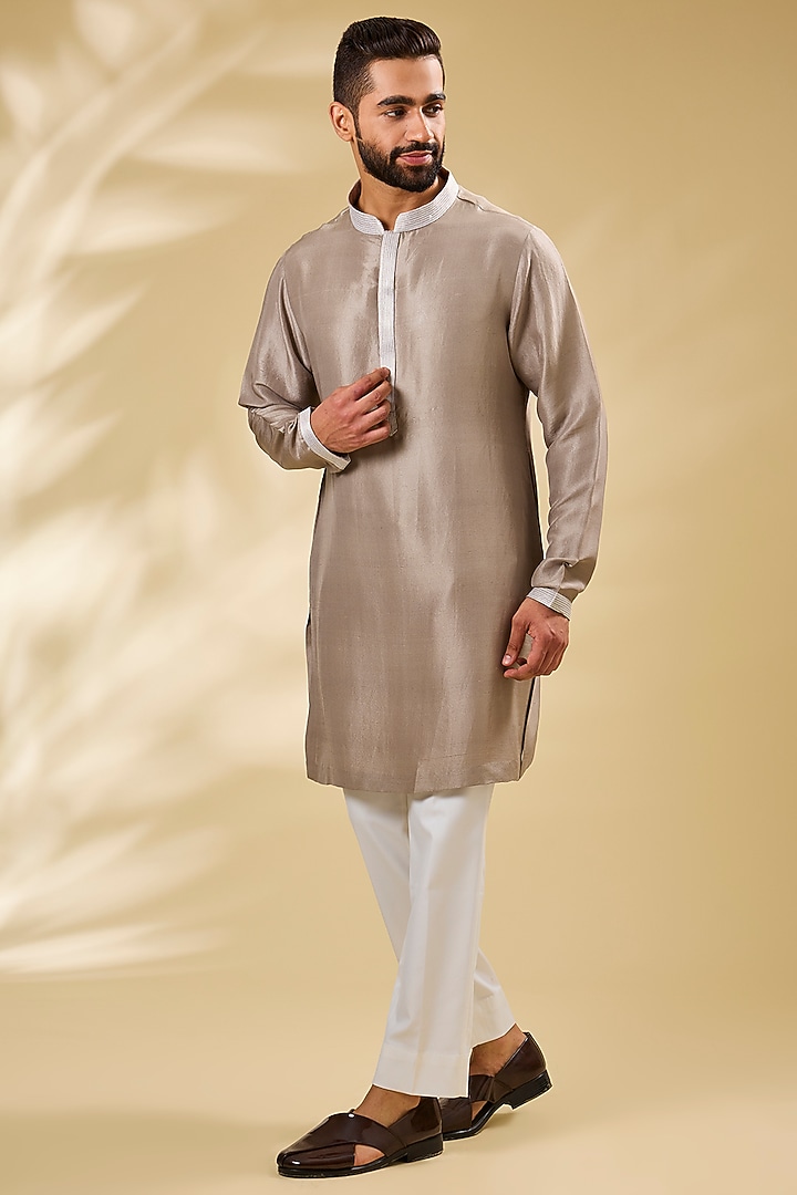 Beige Raw Silk Embroidered Groom Sherwani Set by Seema Gujral Men at Pernia's Pop Up Shop
