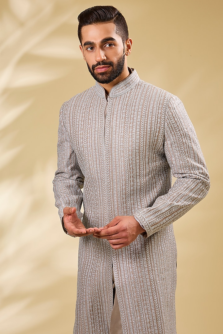 Beige Raw Silk Embroidered Groom Sherwani Set by Seema Gujral Men at Pernia's Pop Up Shop