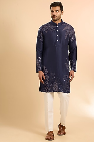 Midnight Blue Silk Kurta Set by Seema Gujral Men