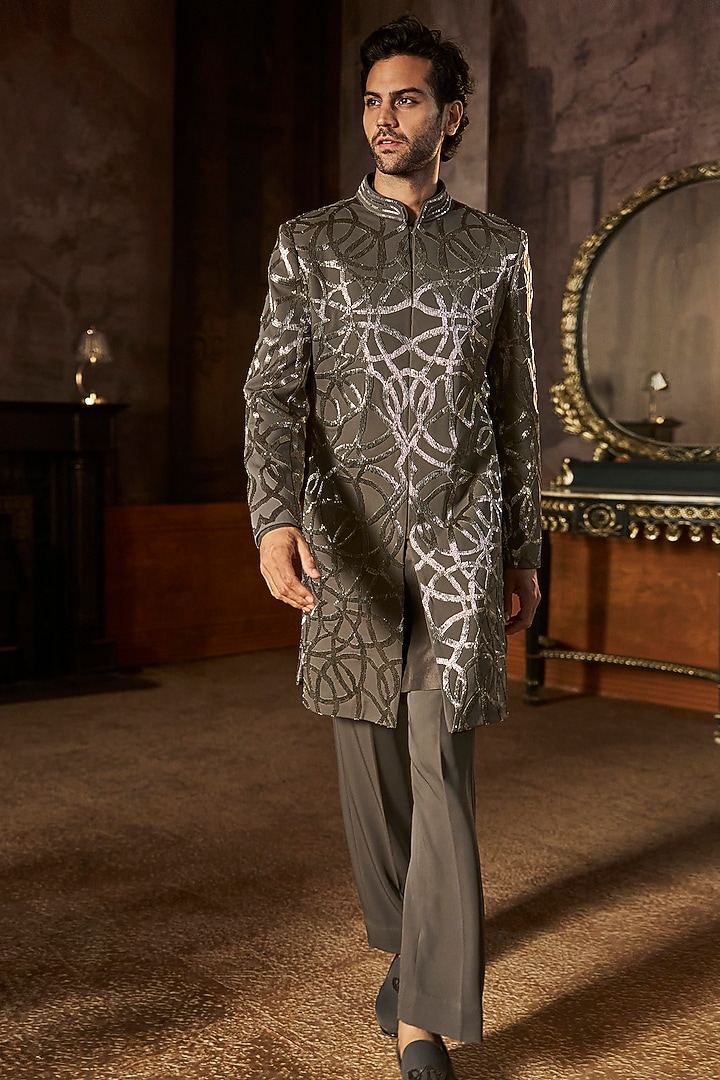 Grey Suiting Fabric Embroidered Groom Sherwani Set by Seema Gujral Men at Pernia's Pop Up Shop