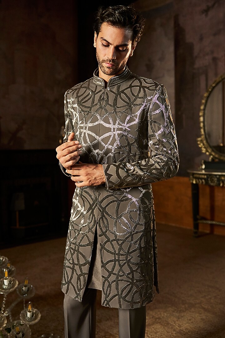 Grey Suiting Fabric Embroidered Groom Sherwani Set by Seema Gujral Men at Pernia's Pop Up Shop