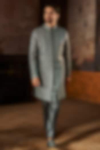 Charcoal Colored Textured Silk Thread Work Groom Sherwani Set by Seema Gujral Men at Pernia's Pop Up Shop