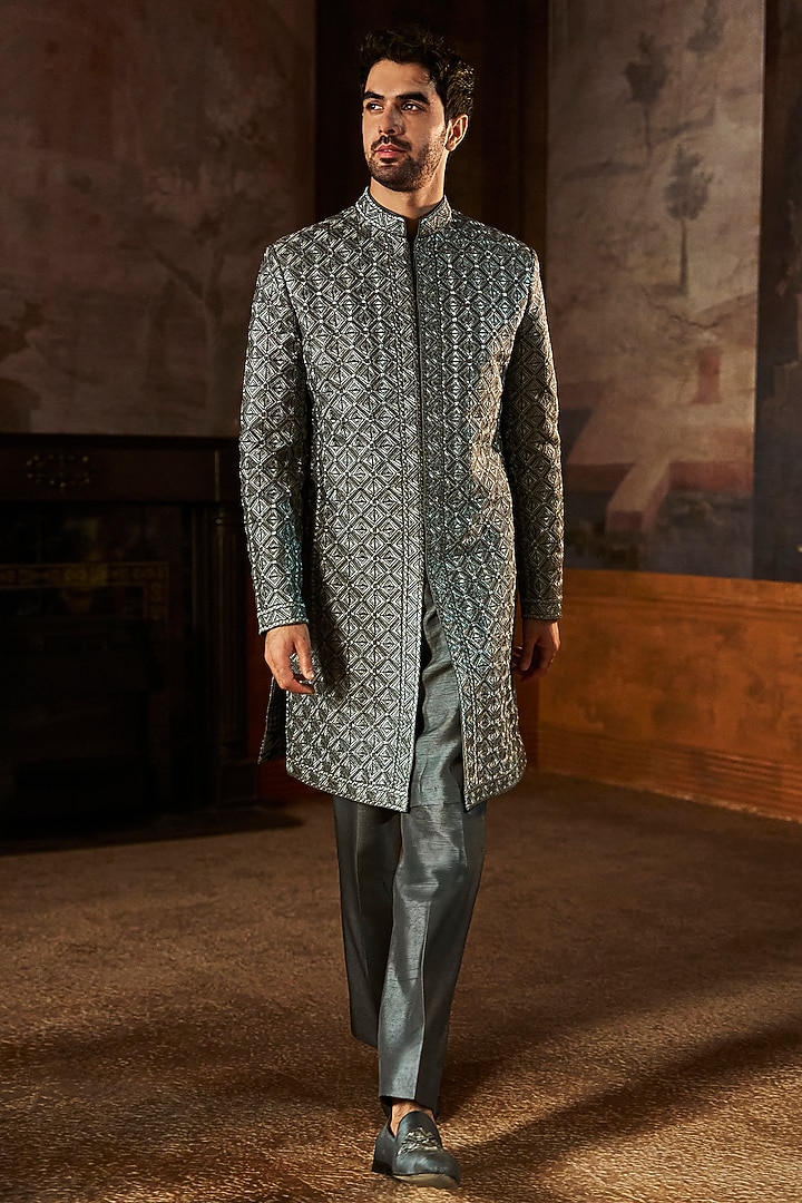 Charcoal Colored Textured Silk Thread Work Groom Sherwani Set by Seema Gujral Men at Pernia's Pop Up Shop