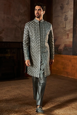Charcoal Colored Textured Silk Thread Work Sherwani Set by Seema Gujral Men
