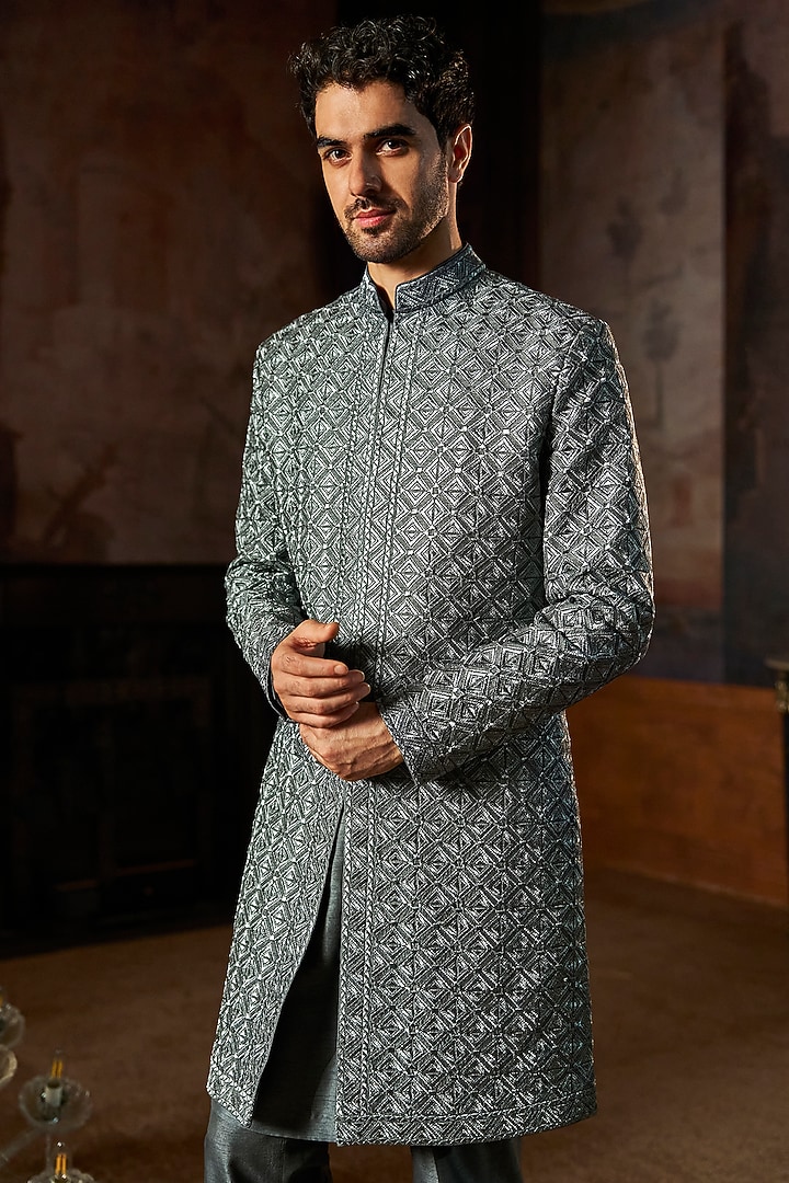 Charcoal Colored Textured Silk Thread Work Groom Sherwani Set by Seema Gujral Men at Pernia's Pop Up Shop