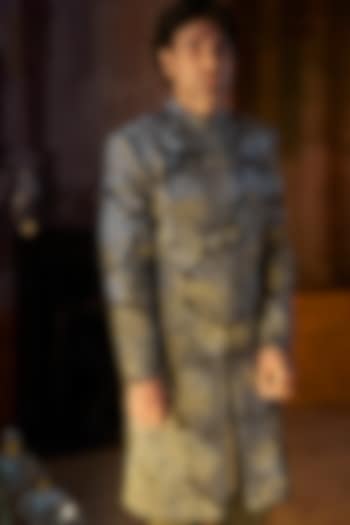 Charcoal Colored Suiting Fabric Embroidered Groom Sherwani Set by Seema Gujral Men at Pernia's Pop Up Shop