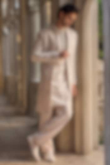 Light Beige Italian Crepe Thread Embroidered Open Groom Sherwani by Seema Gujral Men at Pernia's Pop Up Shop