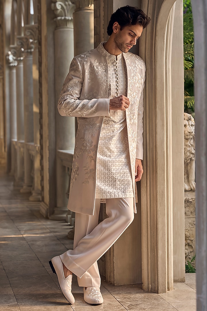 Light Beige Italian Crepe Thread Embroidered Open Groom Sherwani by Seema Gujral Men at Pernia's Pop Up Shop