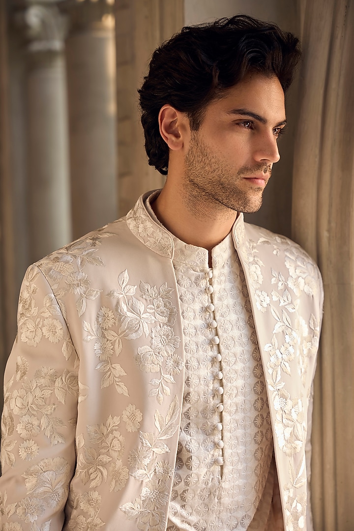 Light Beige Italian Crepe Thread Embroidered Open Groom Sherwani by Seema Gujral Men at Pernia's Pop Up Shop