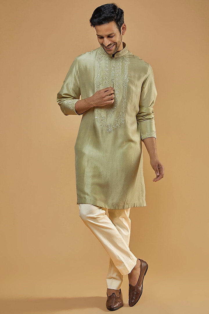 Green Silk Embroidered Kurta Set by Seema Gujral Men