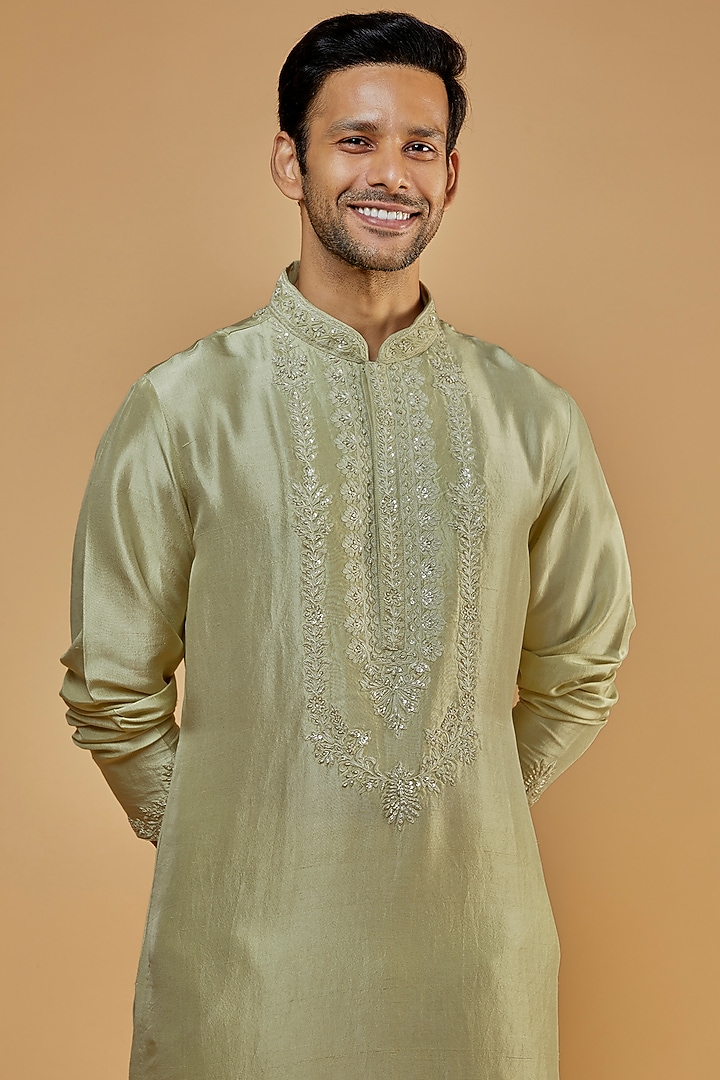 Green Silk Kiran Dori Embroidered Kurta Set by Seema Gujral Men at Pernia's Pop Up Shop