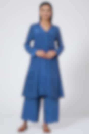 Cobalt Blue Silk Crepe Tunic Set by Sejal Jain