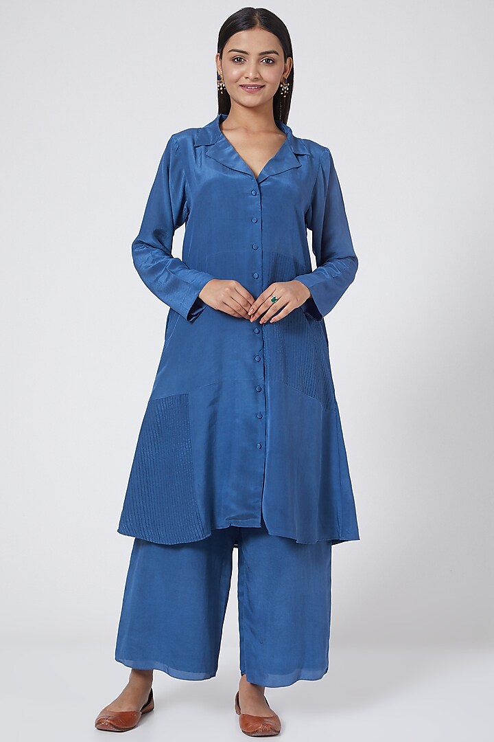 Cobalt Blue Silk Crepe Tunic Set by Sejal Jain