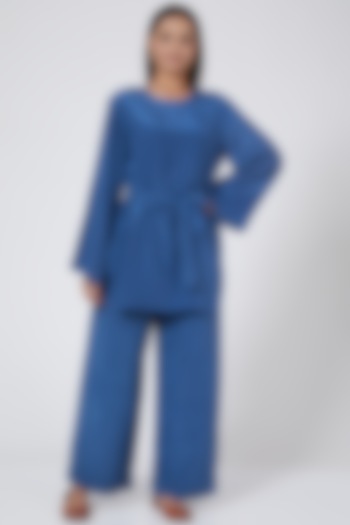 Cobalt Blue Silk Crepe Pant Set by Sejal Jain