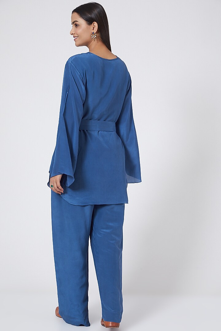 Cobalt Blue Silk Crepe Pant Set by Sejal Jain at Pernia's Pop Up Shop