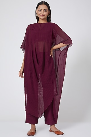 Wine Georgette Cowl Tunic Set by Sejal Jain