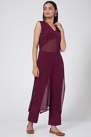 Wine Georgette Tunic Set With Side Slits by Sejal Jain