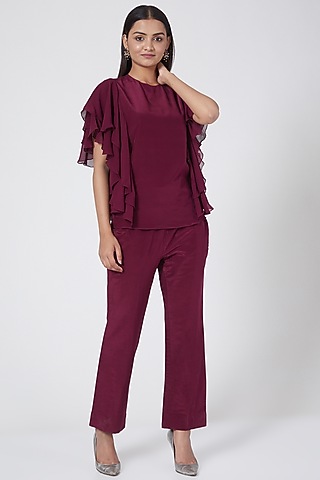 Wine Silk Crepe Ruffled Top by Sejal Jain