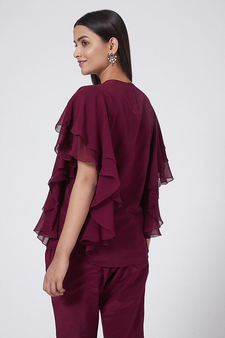 Wine Silk Crepe Ruffled Top by Sejal Jain at Pernia's Pop Up Shop